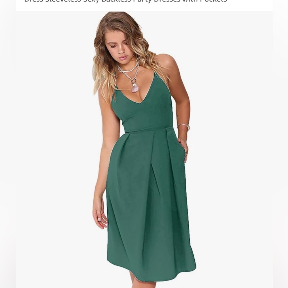 NWT Eliacher Women's Deep V Adjustable Spaghetti Strap Summer Dress w/Pockets L